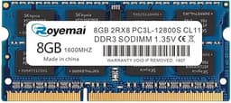 DDR3 1600MHz 8GB PC3L-12800S DDR3L 12800 Sodimm, Royemai 2Rx8 1.35V / 1.5V CL11 204-pin RAM Memory for Laptop Notebook Computer