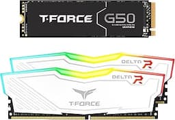 T-Force Delta RGB DDR4 16GB (2x8GB) 3600MHz Desktop Memory (White) TF4D416G3600HC18JDC01 Bundle with G50 1TB NVMe PCIe Gen4 M.2 2280 Gaming SSD (Read 5000) TM8FFE001T0C129
