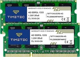 Timetec 8GB KIT(2x4GB) DDR3 / DDR3L 1333MHz PC3-10600 Non-ECC Unbuffered 1.5V / 1.35V CL9 2Rx8 Dual Rank Low Density 204 Pin SODIMM Laptop Notebook PC Computer Memory RAM Module Upgrade