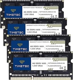 Timetec 32GB KIT(4x8GB) DDR3L / DDR3 1600MHz (DDR3L-1600) PC3L-12800 / PC3-12800 Non-ECC Unbuffered 1.35V/1.5V CL11 2Rx8 204 Pin SODIMM Laptop Notebook PC Computer Memory RAM Module Upgrade Black PCB