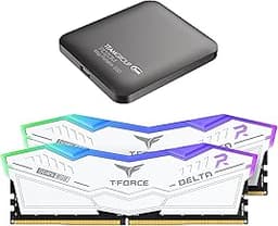 T-Force Delta RGB DDR5 32GB Kit 2x16GB 6400MHz Desktop Memory White FF4D532G6400HC32ADC01 Bundle with PD20M 1TB Magnetic External SSD TPSEG2001T0C108