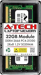 A-Tech 32GB DDR4 2666MHz PC4-21300 (PC4-2666V) CL19 SODIMM 2Rx8 1.2V 260-Pin Non-ECC SO-DIMM Laptop Notebook RAM Memory Module