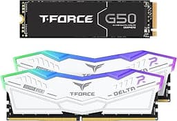 T-Force Delta RGB DDR5 32GB (2x16GB) 6400MHz Desktop Memory (White) FF4D532G6400HC40BDC01 Bundle with G50 2TB NVMe PCIe Gen4 M.2 2280 Gaming SSD (Read 5000) TM8FFE002T0C129