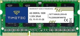 Timetec 4GB DDR3L / DDR3 1600MHz PC3L-12800 / PC3-12800 Non-ECC Unbuffered 1.35V / 1.5V CL11 2Rx8 Dual Rank 204 Pin SODIMM Laptop Notebook PC Computer Memory RAM Module Upgrade (4GB)