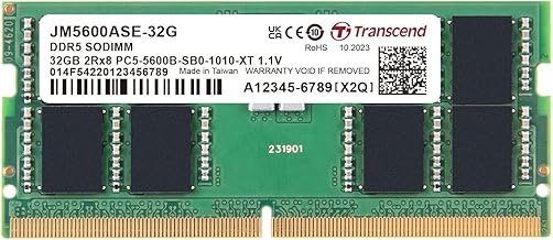 Transcend 32GB 5600MHz DDR5 RAM module โ Transcend 32GB DDR5 5600MHz SO-DIMM Laptop RAM, Compatible w/HP Lenovo Dell ASUS Acer Computer Memory, On-die ECC Notebook Module Upgrade, 2Rx8, 1.1V PC5-44800 CL46, Unbuffered 262-Pin - JM5600ASE-32G