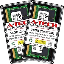 A-Tech 64GB (2x32) 5600MHz DDR5 RAM module โ A-Tech 64GB Kit (2x32GB) DDR5 5600MHz PC5-44800 CL46 SODIMM 2Rx8 Dual Rank 1.1V Non-ECC Unbuffered SO-DIMM 262-Pin Laptop Computer RAM Memory Upgrade Modules